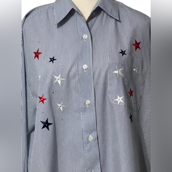 VTG PTNY Women’s size Large Button Down Long Sleeve Blue & White Striped Stars - Picture 2 of 11